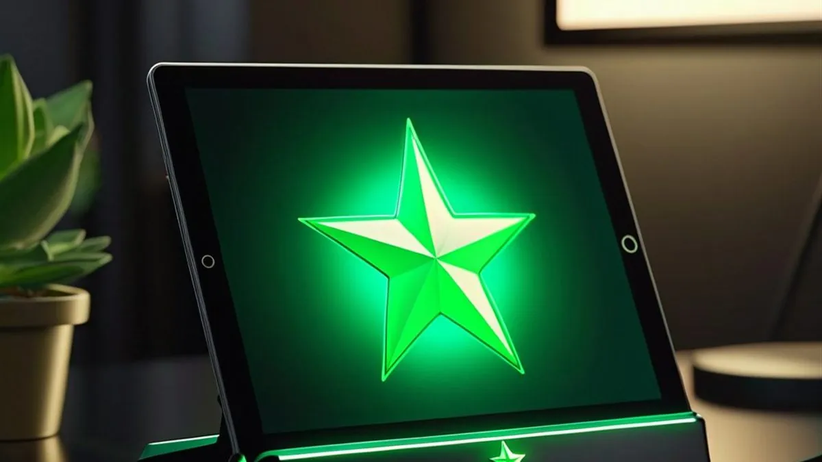 Tablet en un soporte con una estrella verde luminosa en la pantalla
