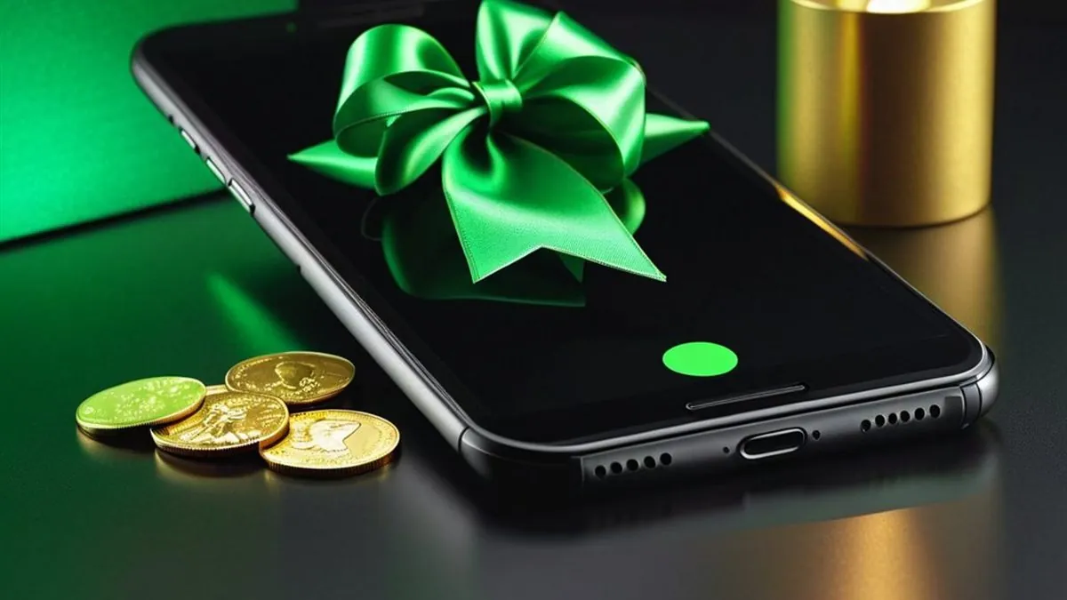 Celular con un moño verde sobre la pantalla junto a monedas doradas y una vela