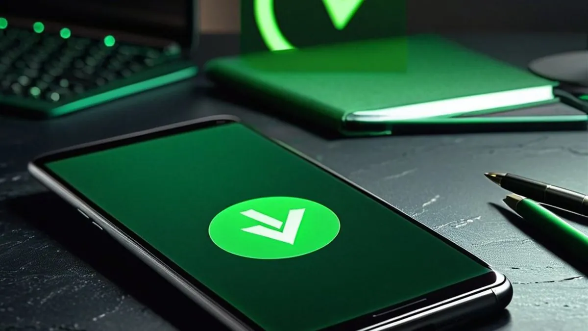 Celular sobre una mesa de pizarra con una marca de verificación verde en pantalla