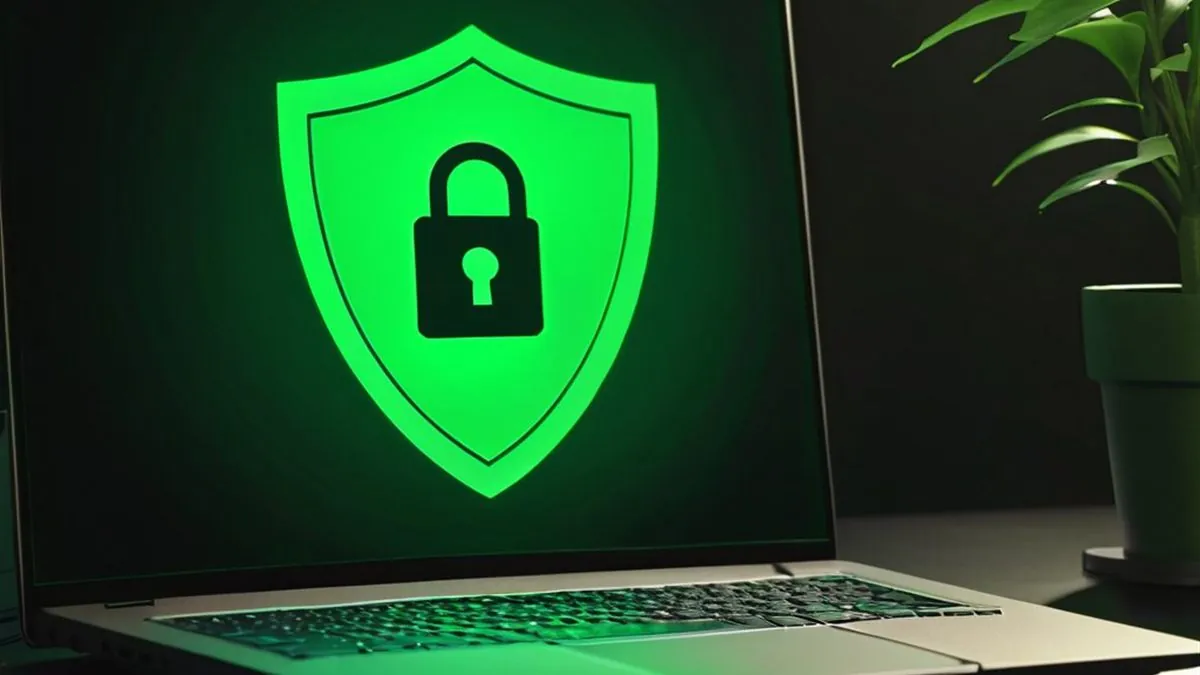 Laptop con un escudo verde y un candado en la pantalla junto a una planta